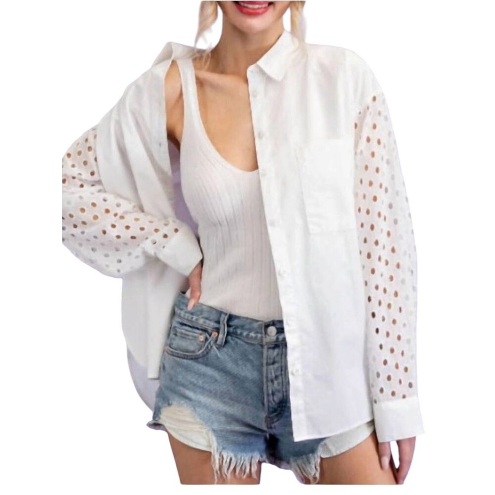 EE SOME Eyelet Sleeve White Cotton Button Down Shirt Womens Size Medium